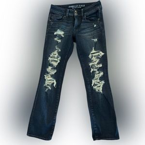 AMERICAN EAGLE 360 HIGH RISE SUPER STRETCH DISTRESSED DARK WASH JEANS